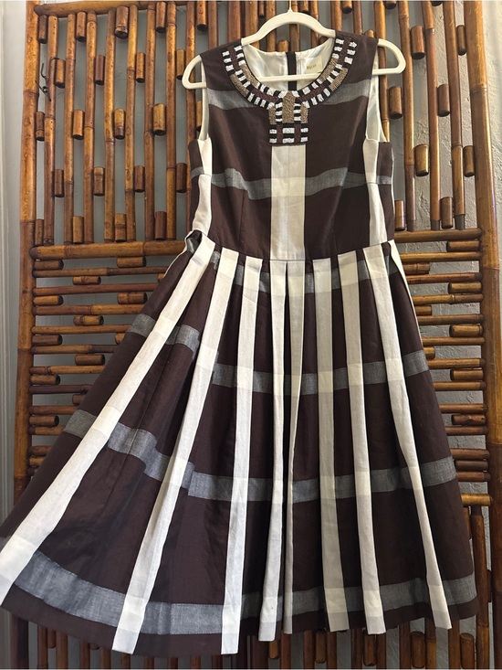 Maeve Dresses & Skirts - SZ 12 MAEVE ANTHROPOLOGY BEADED COTTON BROWN  GINGHAM  CHECKERED PLEATED DRESS